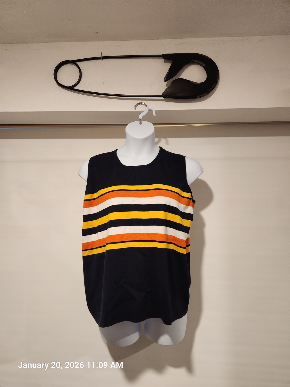 Claiborne Black Sleeveless Knit Tank with Yellow, Orange & Cream Stripes
